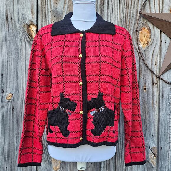 Scottie Dog Cardigan Petite Med Crystal Kobe Red Black Plaid PM Knit VTG Sweater - Picture 2 of 10